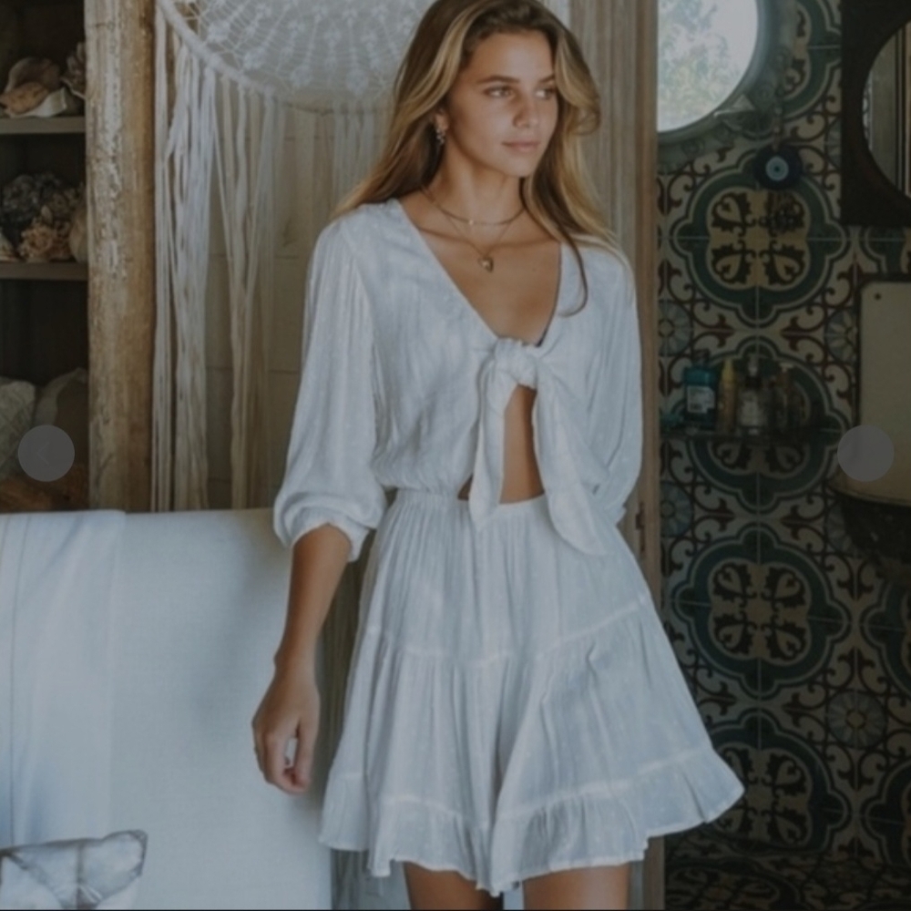 Lush White Boho Mini Dress L Tie Front Cutout Cottagecore Flowy Summer Dress